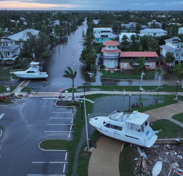 In this aerial view, boats are washed ashore from when Hurricane Milton passed through the area on October 10, 2024, in Punta Gorda, Florida.