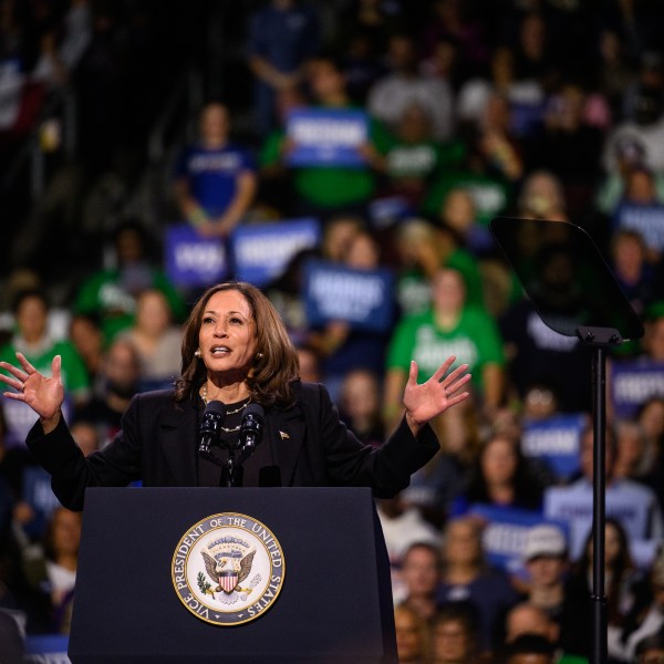 Democratic presidential nominee Vice President Kamala Harris speaks to a large crowd during a campaign rally at Erie Insurance Arena, in Erie, Pa., on Monday, October 14, 2024.