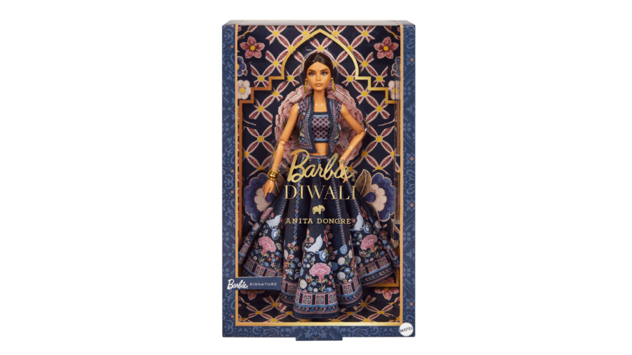 An image of the newly-released Diwali Barbie doll showcases the toy's vibrant traditional Indian wear with golden bangles and earrings.