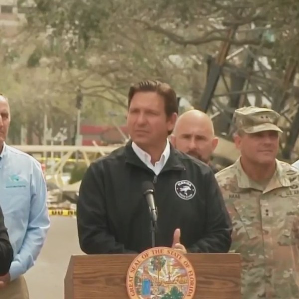 Florida Gov. Ron DeSantis speaks on the crane crash in St. Petersburg, Florida, on Oct. 11, 2024.