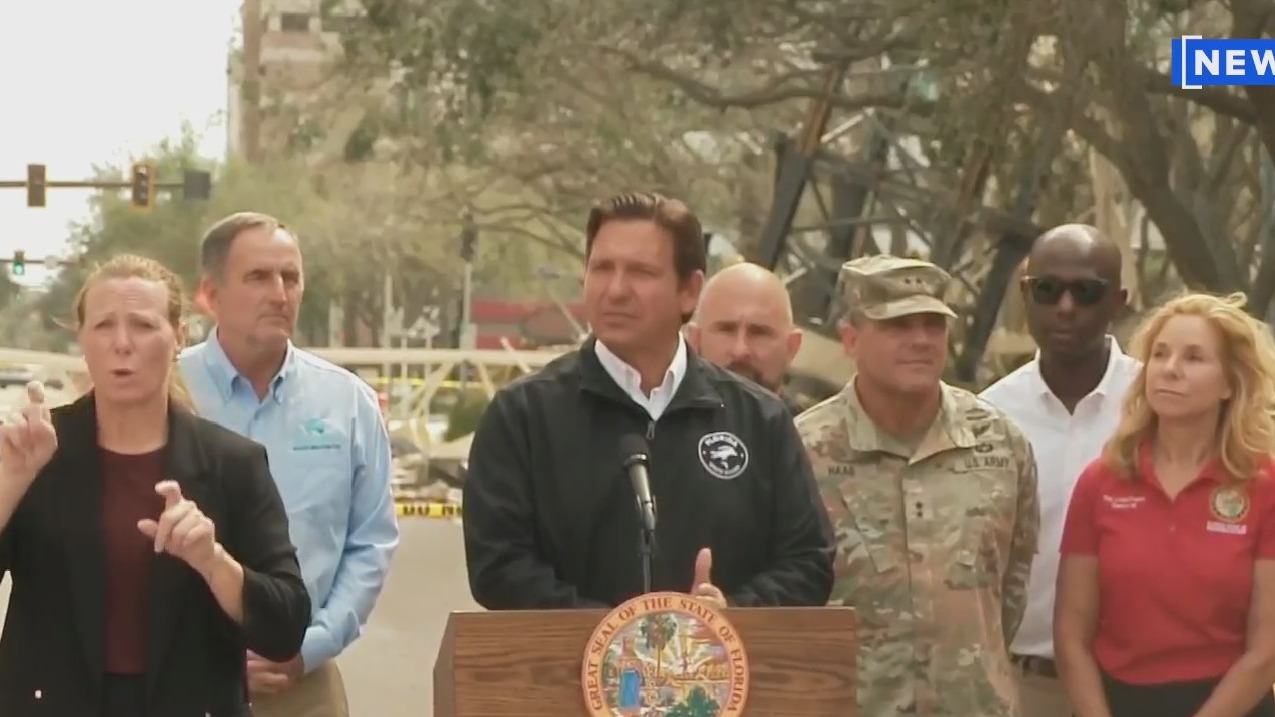 Florida Gov. Ron DeSantis speaks on the crane crash in St. Petersburg, Florida, on Oct. 11, 2024.