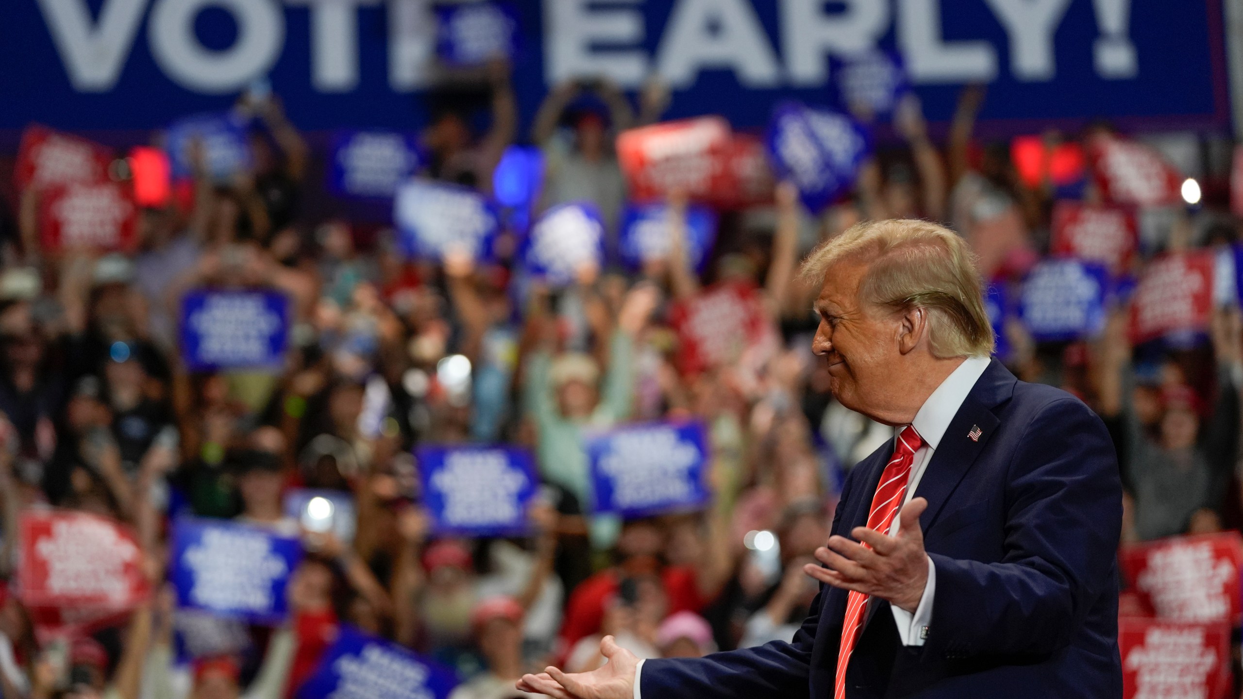 Republican presidential nominee former President Donald Trump arrives at a campaign rally at Rocky Mount Event Center, Wednesday, Oct. 30, 2024, in Rocky Mount, N.C. (AP Photo/Julia Demaree Nikhinson)