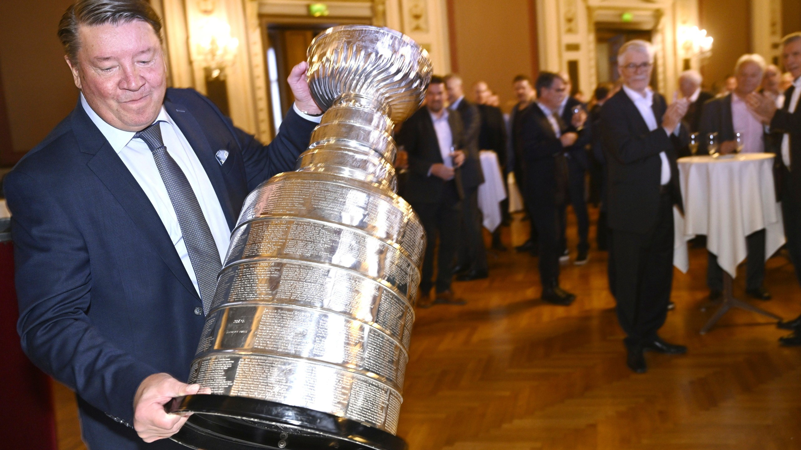 Finnish former NHL icehockey player Jari Kurri was honored with the Borje Salming Courage Award Event during the NHL Global Series Ice Hockey event in Tampere, Finland Saturday, Nov. 2, 2024. (Heikki Saukkomaa/Lehtikuva via AP)