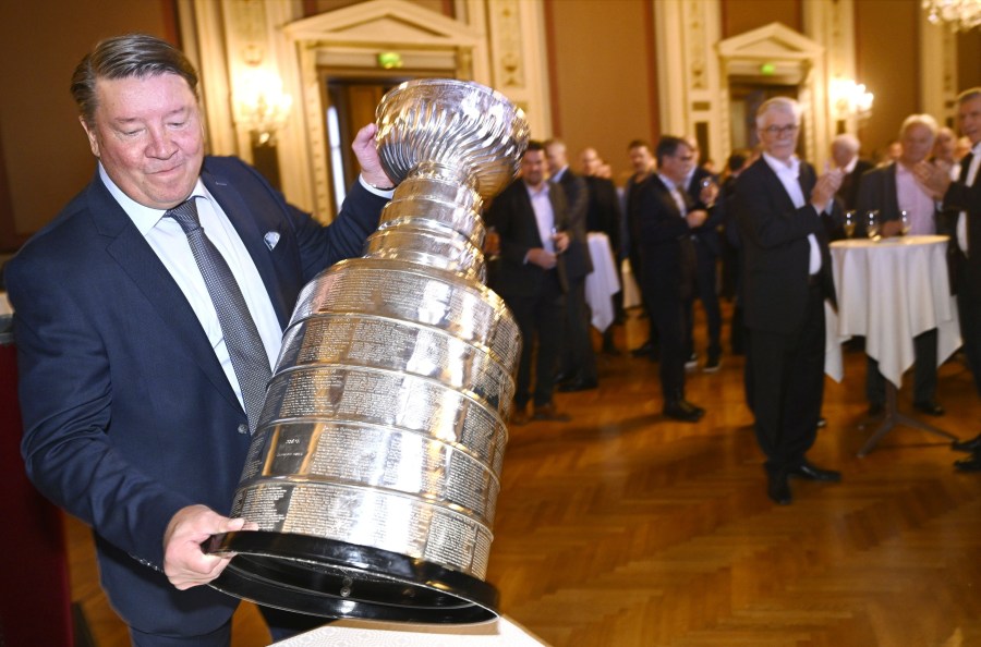 Finnish former NHL icehockey player Jari Kurri was honored with the Borje Salming Courage Award Event during the NHL Global Series Ice Hockey event in Tampere, Finland Saturday, Nov. 2, 2024. (Heikki Saukkomaa/Lehtikuva via AP)