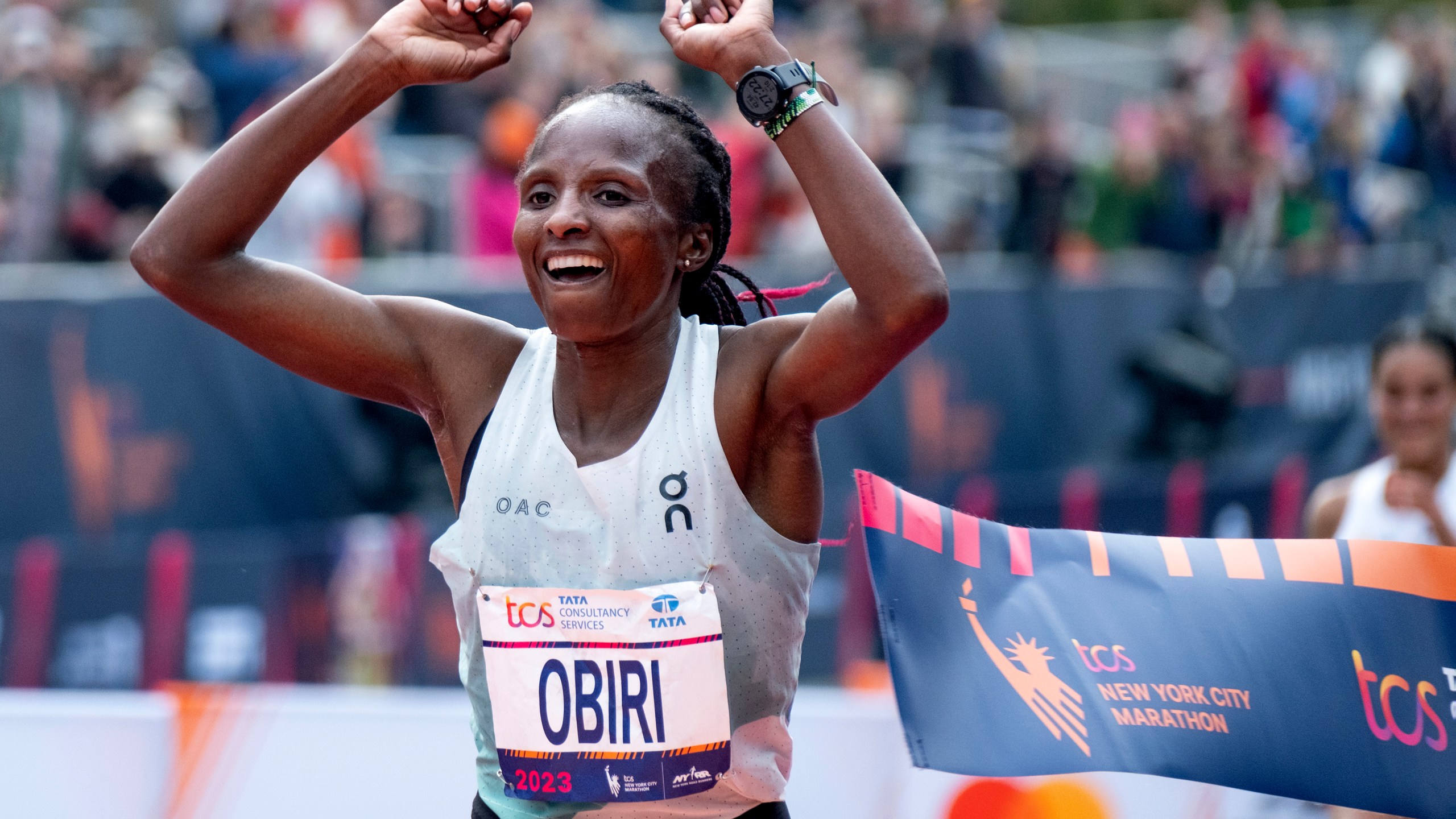 FILE - Hellen Obiri of Kenya crosses the finish line to win the women's division of the New York City Marathon, Sunday, Nov. 5, 2023, in New York.(AP Photo/Craig Ruttle, File)