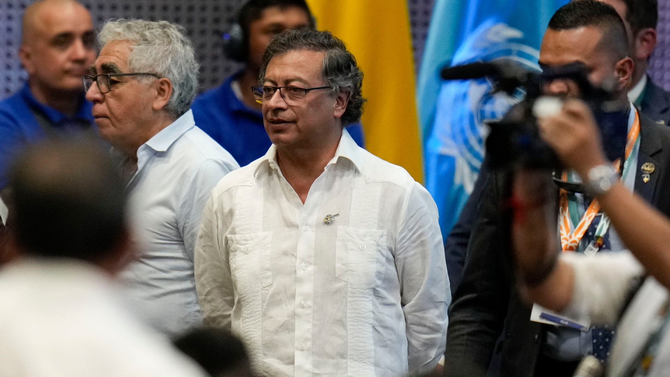 Colombia's President Gustavo Petro arrives at the opening ceremony of COP16, a United Nations' biodiversity conference, in Cali, Colombia, Sunday, Oct. 20, 2024. (AP Photo/Fernando Vergara)