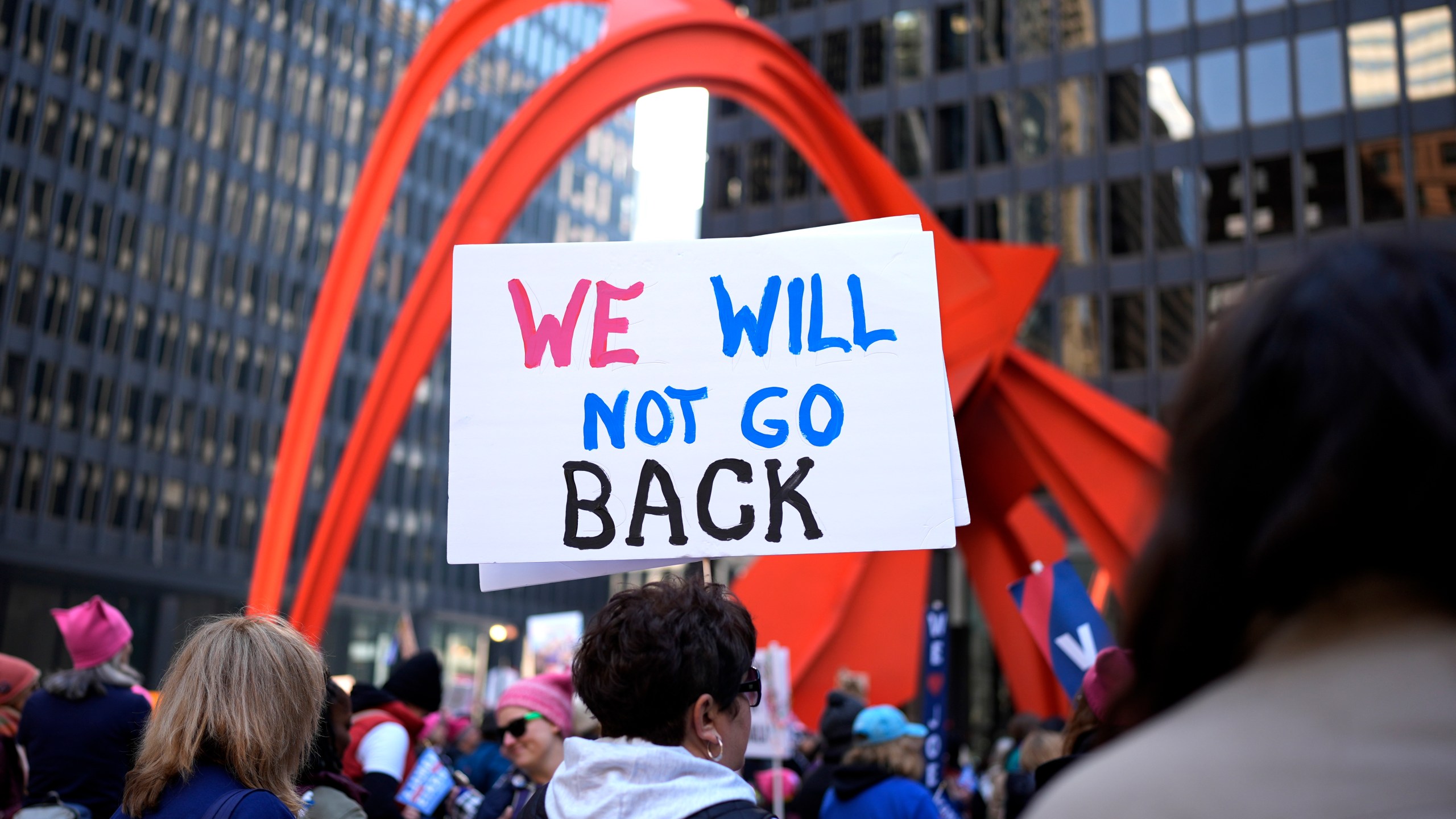 A woman holds a sign during National Women's March in Chicago, Saturday, Nov. 2, 2024. (AP Photo/Nam Y. Huh)