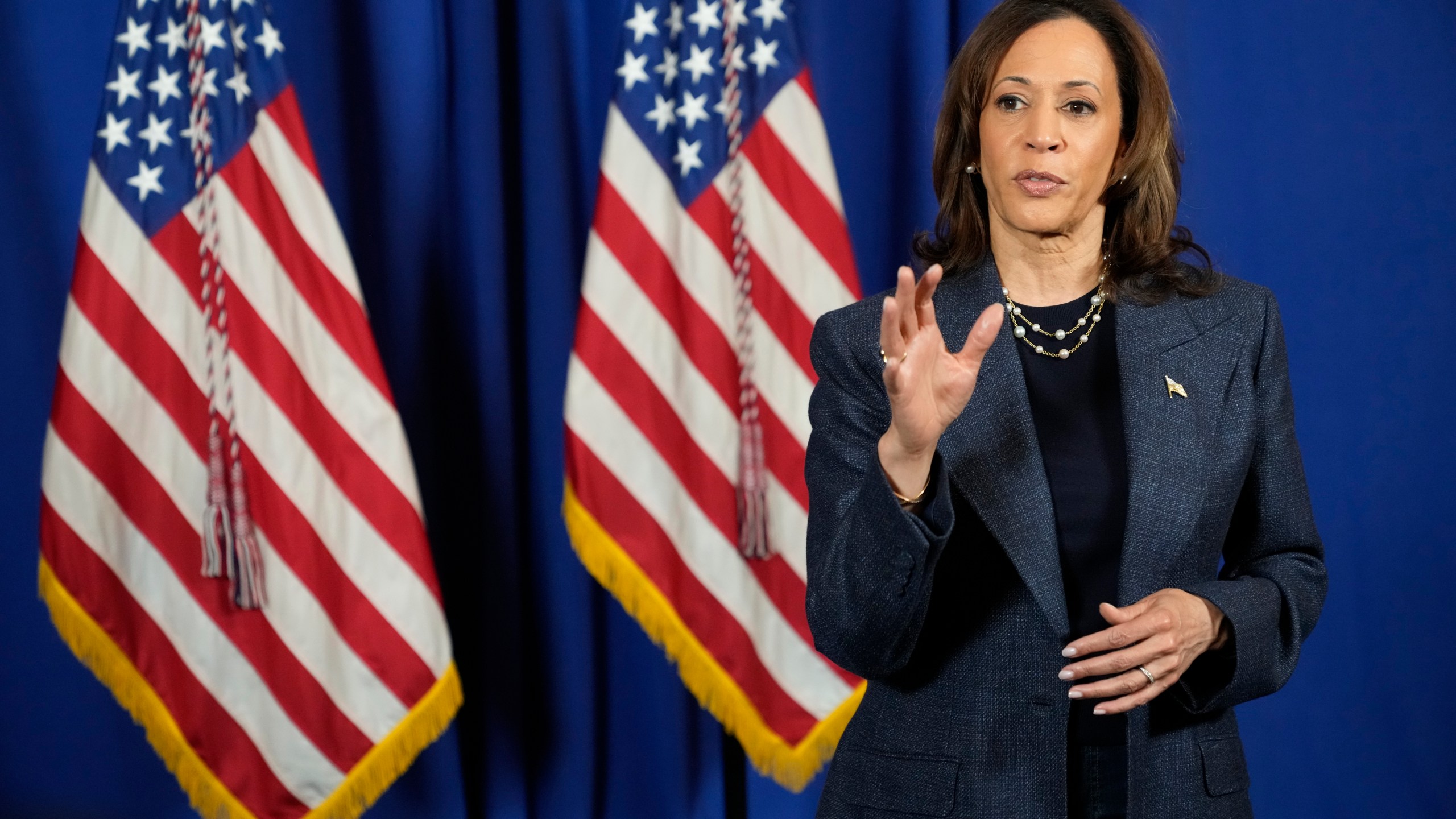 Democratic presidential nominee Vice President Kamala Harris speaks to reporters after delivering remarks at a church service at Greater Emmanuel Institutional Church of God in Christ, Sunday, Nov. 3, 2024, in Detroit. (AP Photo/Jacquelyn Martin)