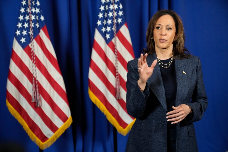 Democratic presidential nominee Vice President Kamala Harris speaks to reporters after delivering remarks at a church service at Greater Emmanuel Institutional Church of God in Christ, Sunday, Nov. 3, 2024, in Detroit. (AP Photo/Jacquelyn Martin)