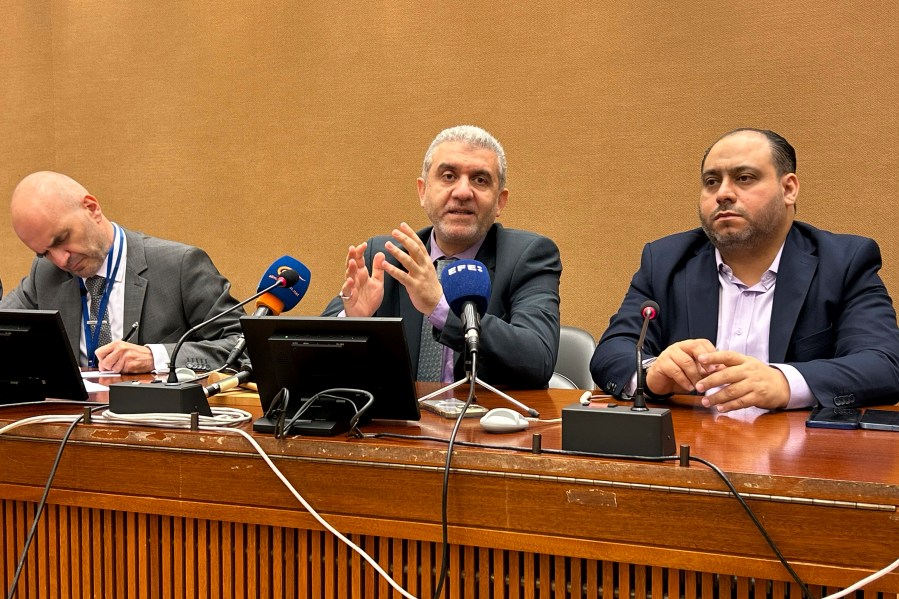 Labor Minister Moustafa Bayram speaks at the International Labor Organization in Geneva, Switzerland, Wednesday Nov. 6, 2024. (AP Photo/Jamey Keaten)