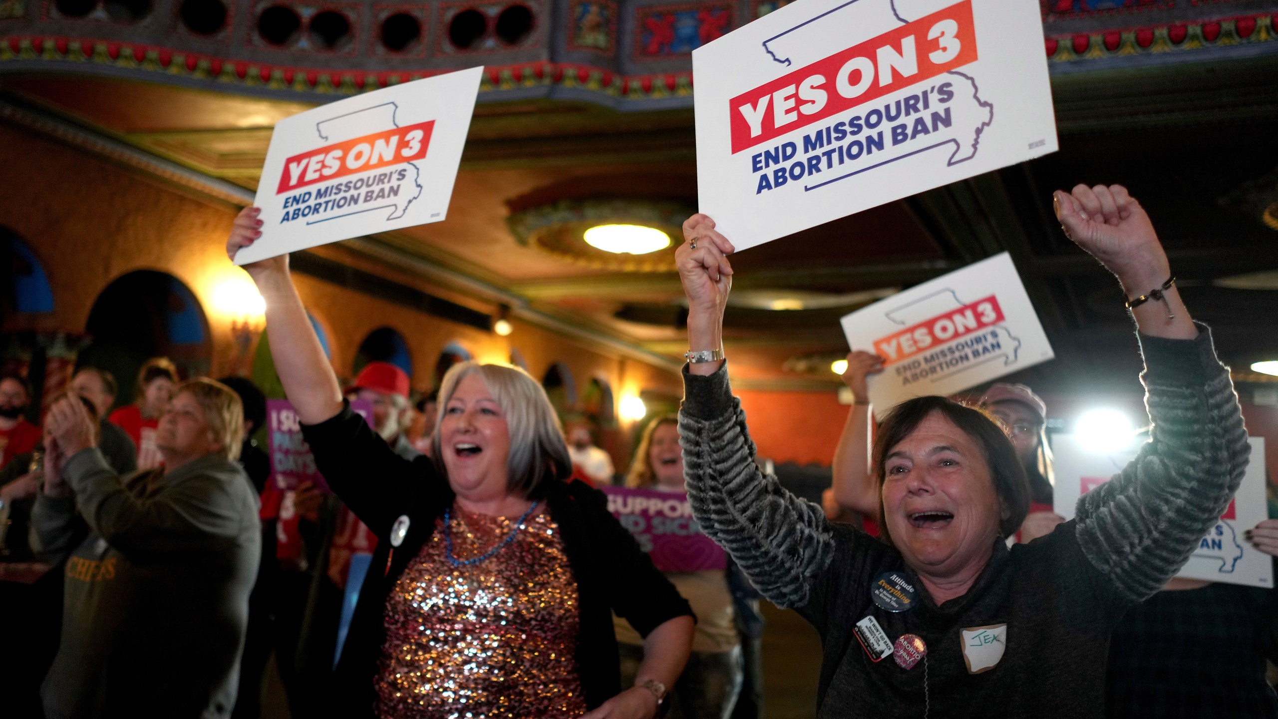 People at a election night watch party react after an abortion rights amendment to the Missouri constitution passed Tuesday, Nov. 5, 2024, in Kansas City, Mo. (AP Photo/Charlie Riedel)