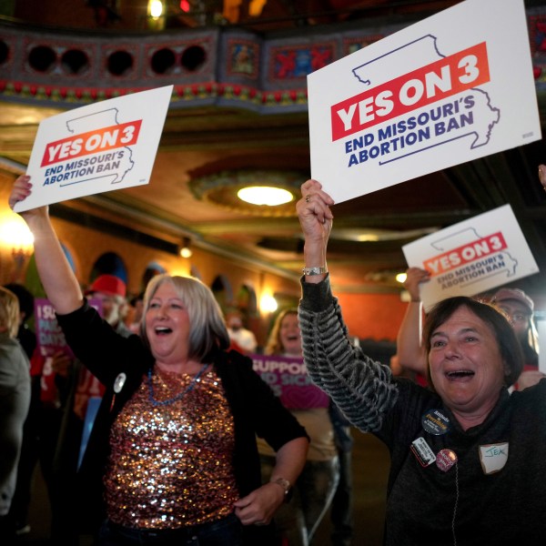 People at a election night watch party react after an abortion rights amendment to the Missouri constitution passed Tuesday, Nov. 5, 2024, in Kansas City, Mo. (AP Photo/Charlie Riedel)