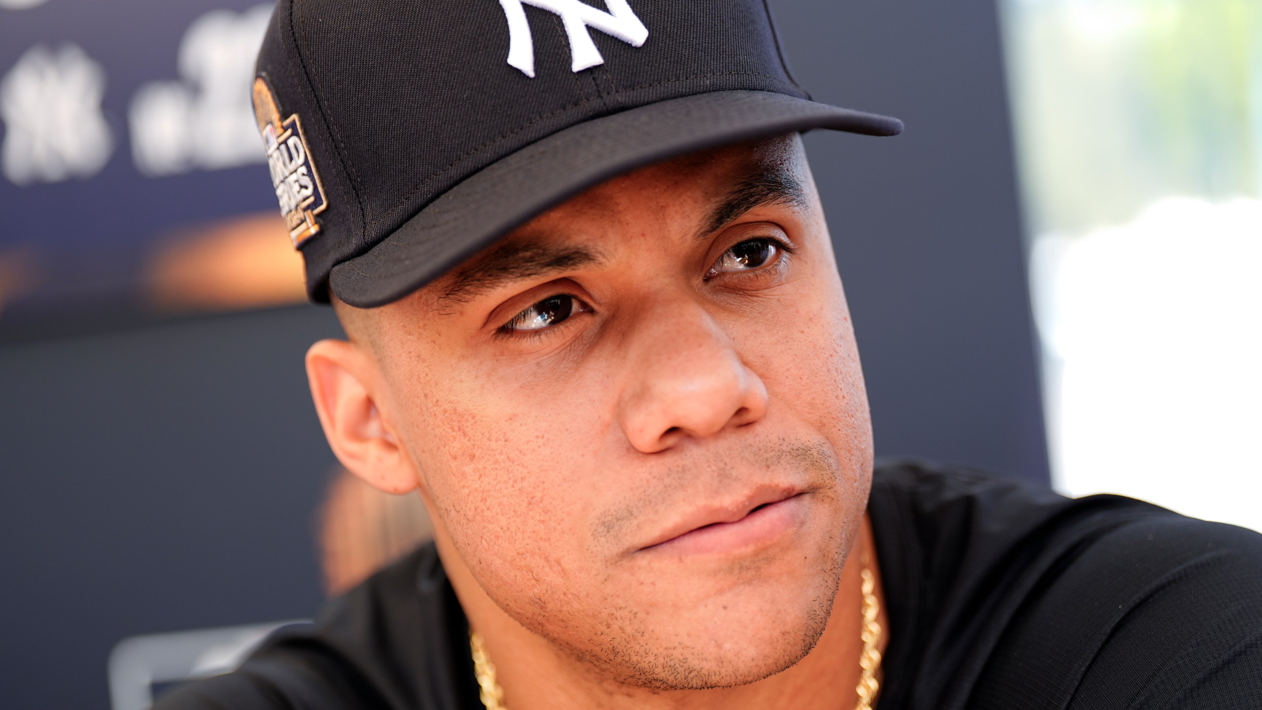 New York Yankees' Juan Soto speaks during media day for the baseball World Series against the Los Angeles Dodgers, Thursday, Oct. 24, 2024, in Los Angeles. (AP Photo/Julio Cortez)