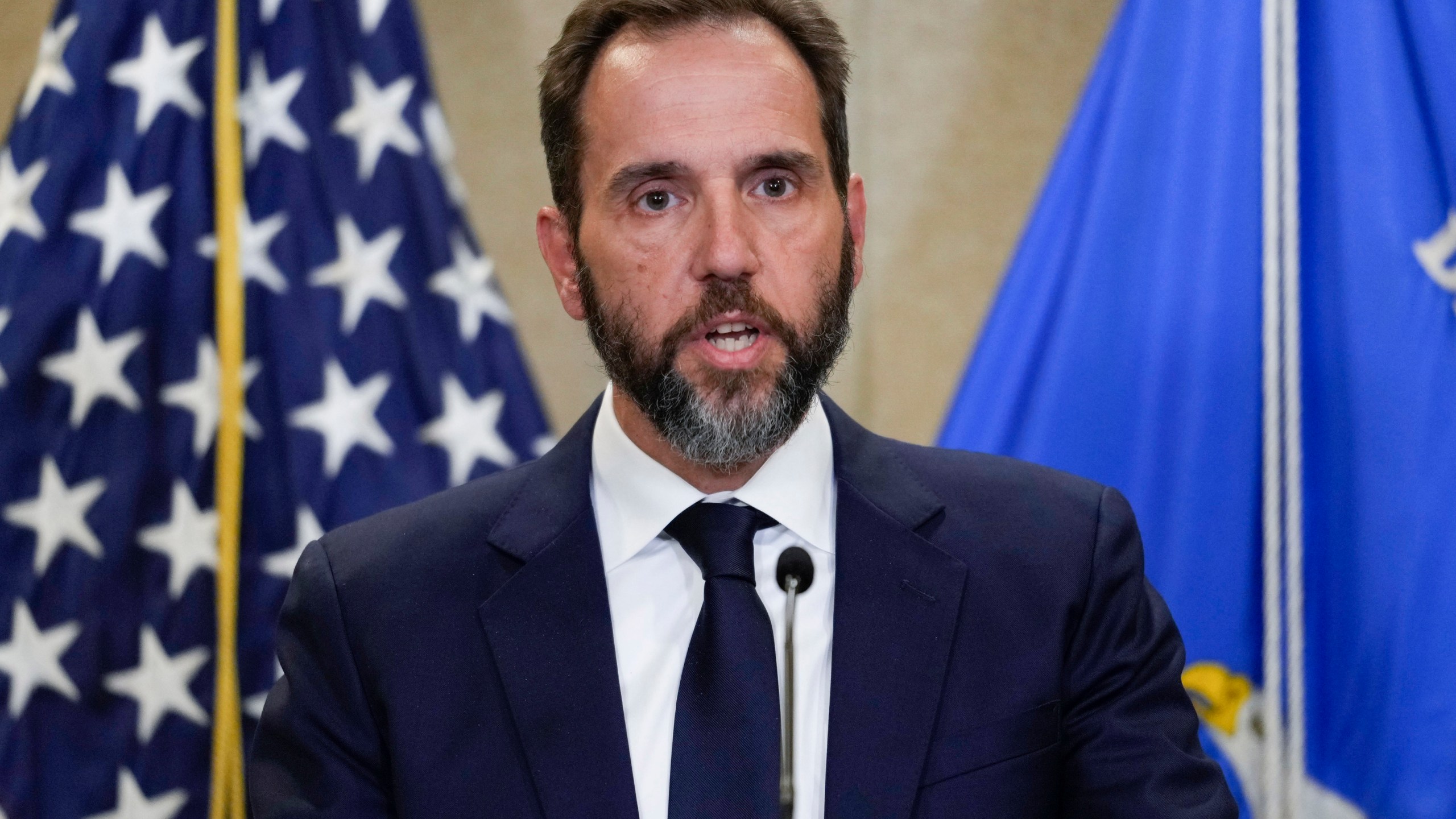 FILE - Special counsel Jack Smith speaks to the media about an indictment of former President Donald Trump, Aug. 1, 2023, at an office of the Department of Justice in Washington. (AP Photo/J. Scott Applewhite, File)