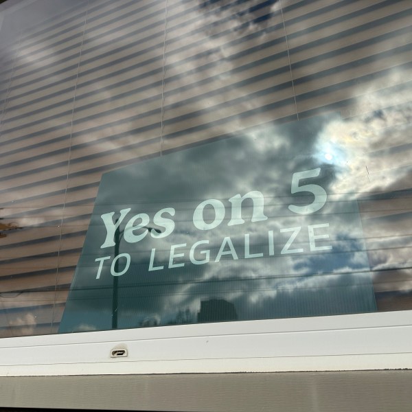 A sign in an apartment window in Bismarck, N.D., on Wednesday, Oct. 30, 2024, reads “Yes on 5 to legalize” in support of a ballot initiative that would legalize recreational marijuana in the state. (AP Photo/Jack Dura)