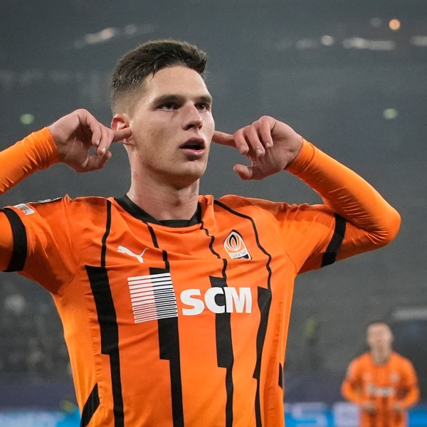 Shakhtar's Heorhiy Sudakov celebrates after scoring his side's second goal during the Champions League opening phase soccer match between Shakhtar Donetsk and Young Boys Bern at the Arena AufSchalke in Gelsenkirchen, Germany, Wednesday, Nov. 6, 2024. (AP Photo/Martin Meissner)