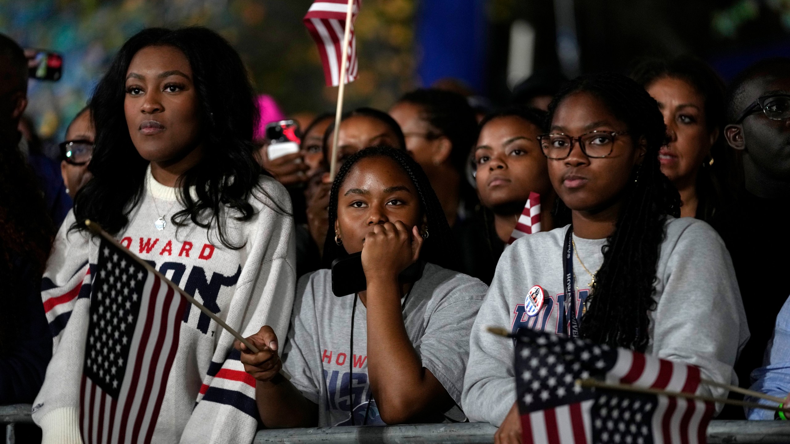 Supporters watch as results come in at an election night campaign watch party for Democratic presidential nominee Vice President Kamala Harris, Tuesday, Nov. 5, 2024, on the campus of Howard University in Washington. (AP Photo/Susan Walsh)