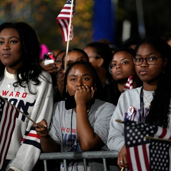 Supporters watch as results come in at an election night campaign watch party for Democratic presidential nominee Vice President Kamala Harris, Tuesday, Nov. 5, 2024, on the campus of Howard University in Washington. (AP Photo/Susan Walsh)