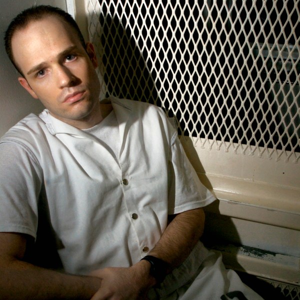 FILE - Death row inmate Randy Halprin, then 26, sits in a visitation cell at the Polunsky Unit in Livingston, Texas, Dec. 3, 2003. (AP Photo/Brett Coomer, File)