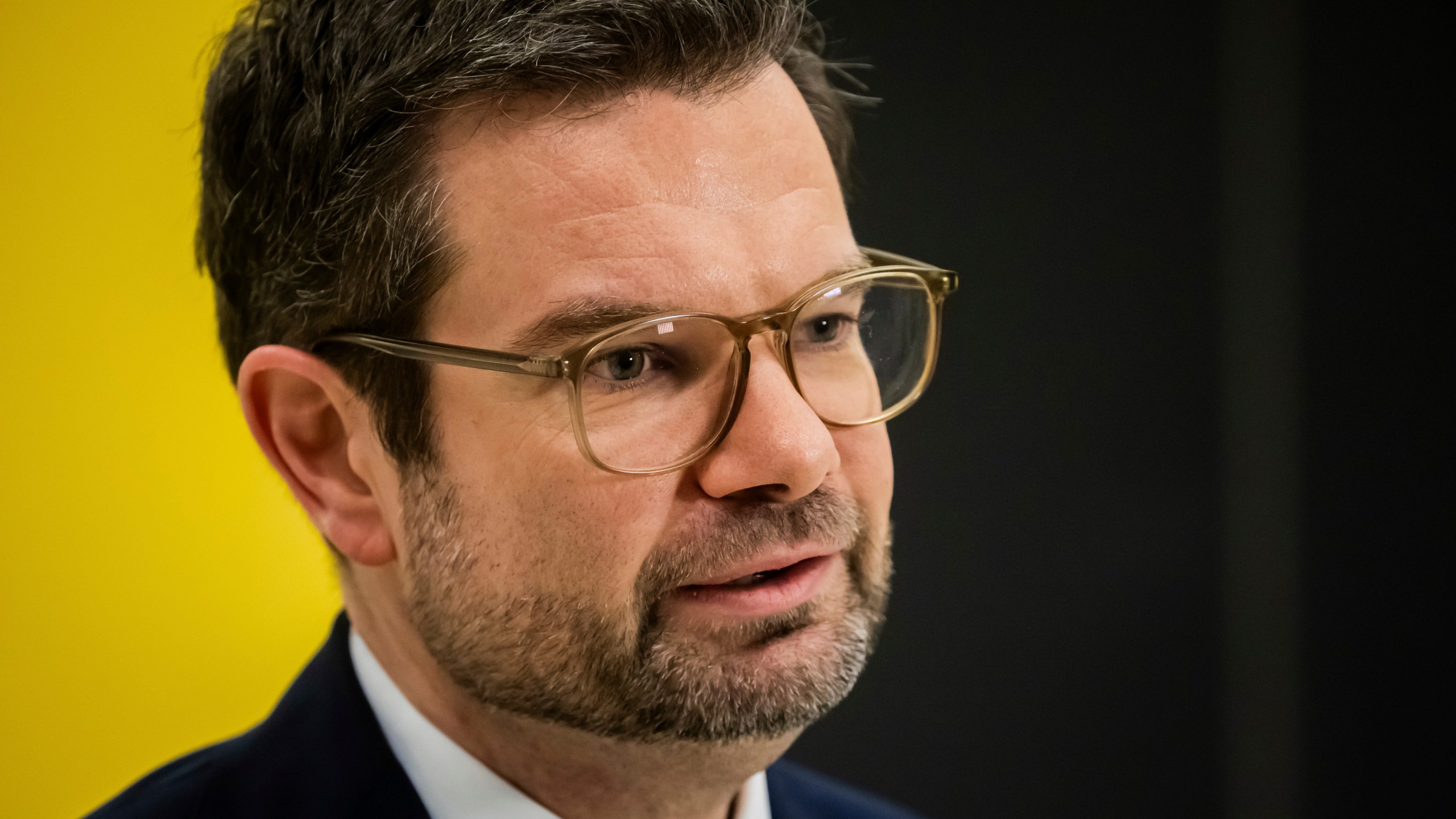 Marco Buschmann, outgoing Federal Minister of Justice, gives a television interview following the dismissal of Federal Finance Minister Christian Lindner by the Federal Chancellor Olaf Scholz in Berlin, Wednesday, Nov. 6, 2024. (Christoph Soeder/dpa via AP)