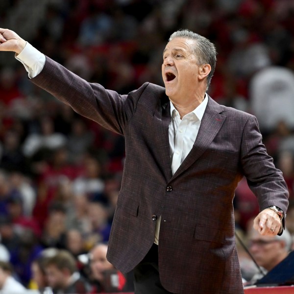 Arkansas coach John Calipari talks to his team from the sideline against Lipscomb during the second half of an NCAA college basketball game Wednesday, Nov. 6, 2024, in Fayetteville, Ark. (AP Photo/Michael Woods)