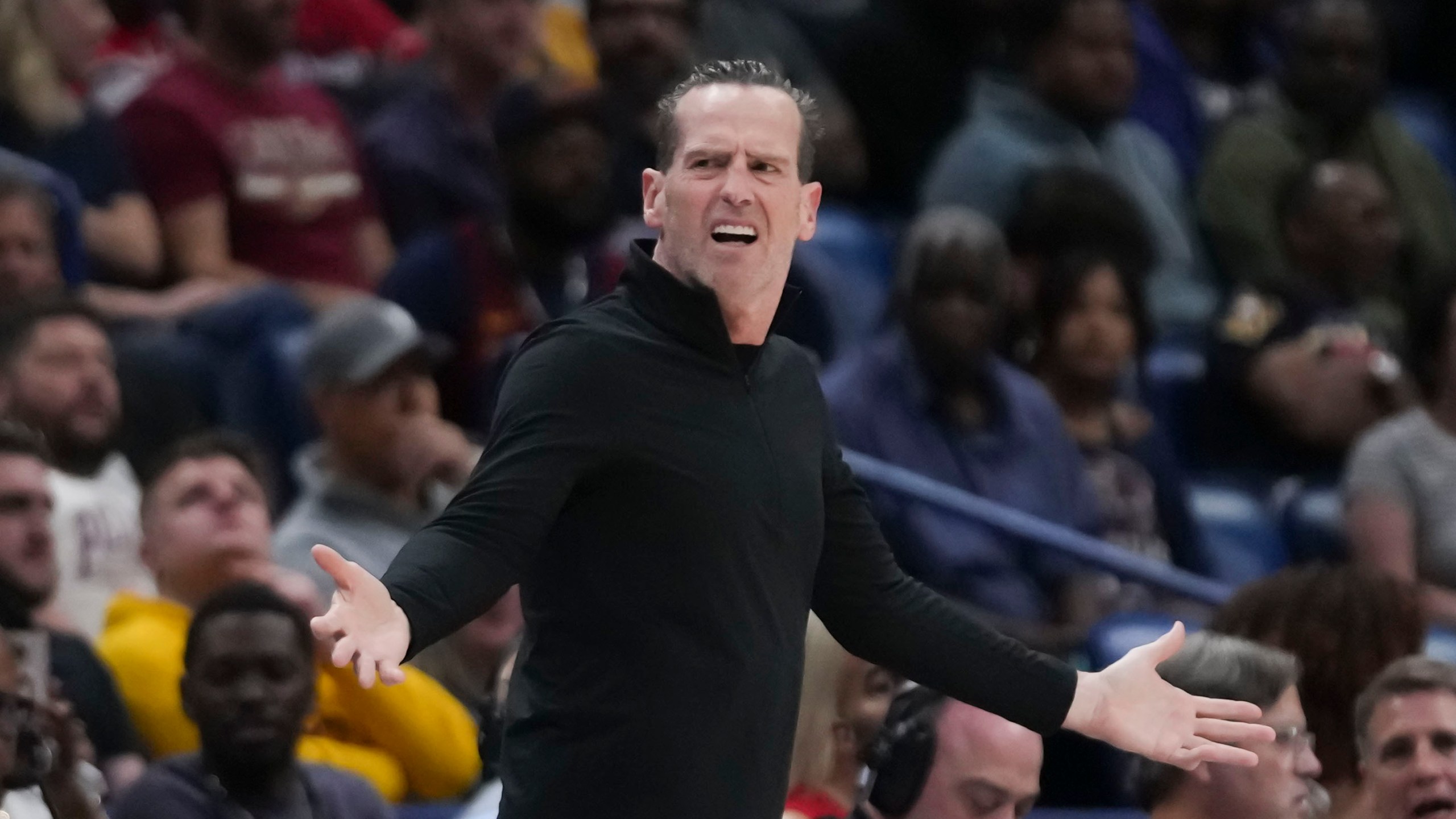 New Orleans Pelicans head coach Willie Green reacts to a call in the first half of an NBA basketball game against the New Orleans Pelicans in New Orleans, Wednesday, Nov. 6, 2024. (AP Photo/Gerald Herbert)