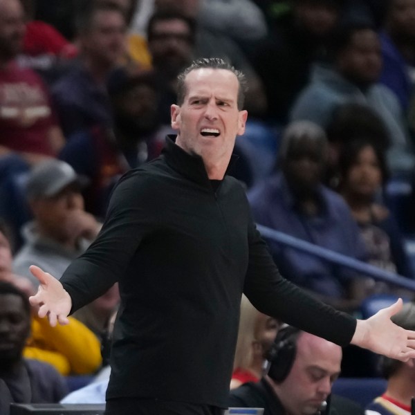 New Orleans Pelicans head coach Willie Green reacts to a call in the first half of an NBA basketball game against the New Orleans Pelicans in New Orleans, Wednesday, Nov. 6, 2024. (AP Photo/Gerald Herbert)