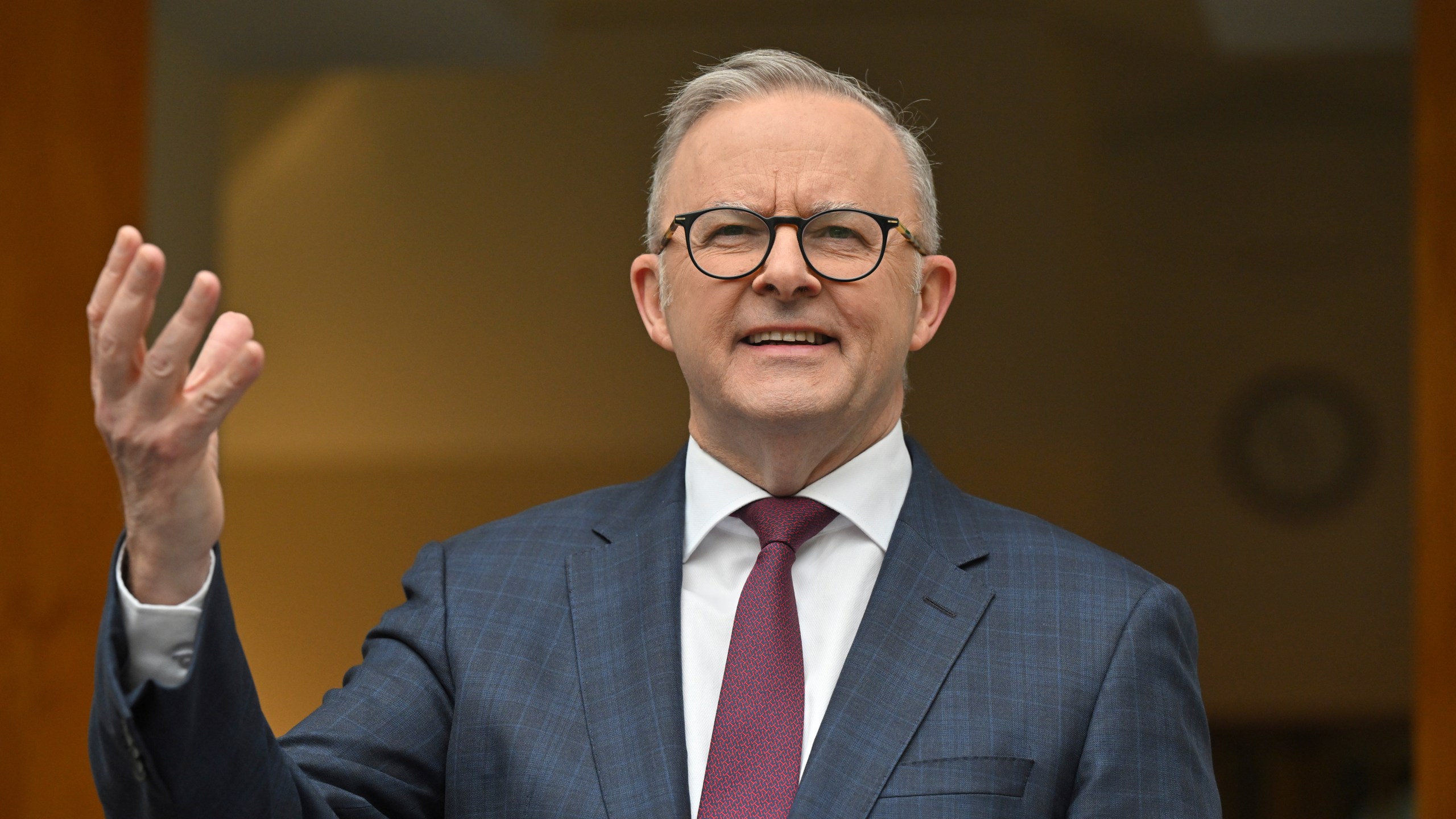 Australian Prime Minister Anthony Albanese discusses legislation that would male 16 years as a minimum age for children to use social media at a press conference in Canberra, Thursday, Nov. 7, 2024. (Mick Tsikas/AAP Image via AP)