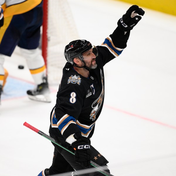 Washington Capitals left wing Alex Ovechkin (8) celebrates his goal during the third period of an NHL hockey game against the Nashville Predators, Wednesday, Nov. 6, 2024, in Washington. The Capitals won 3-2. (AP Photo/Nick Wass)