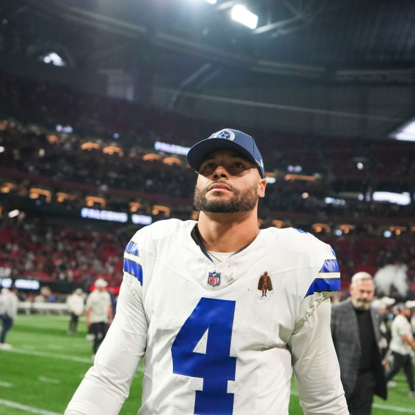 Dallas Cowboys quarterback Dak Prescott (4) walks off the field after an NFL football game against the Atlanta Falcons, Sunday, Nov. 3, 2024, in Atlanta. The Falcons won 27-21. (AP Photo/ Brynn Anderson)