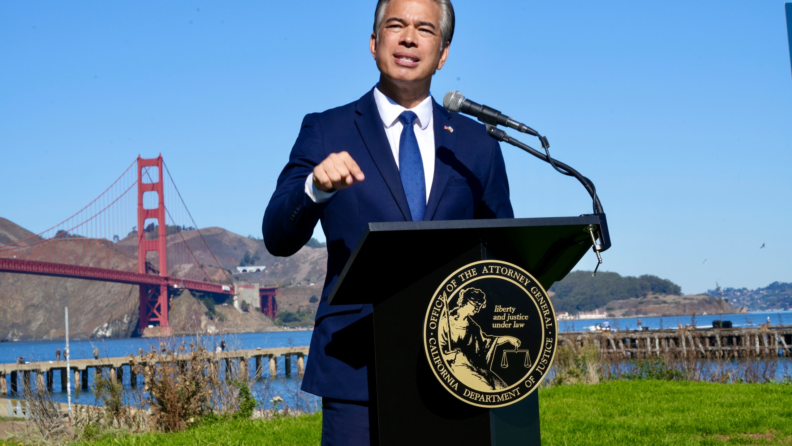 California Attorney General Rob Bonta speaks at a news conference in front of the Golden Gate Bridge in San Francisco on Thursday, Nov. 7, 2024. (AP Photo/Terry Chea)