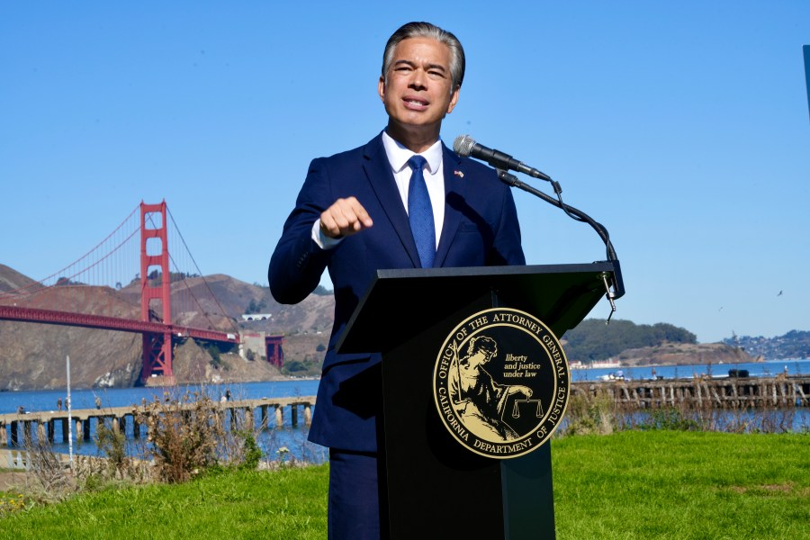 California Attorney General Rob Bonta speaks at a news conference in front of the Golden Gate Bridge in San Francisco on Thursday, Nov. 7, 2024. (AP Photo/Terry Chea)