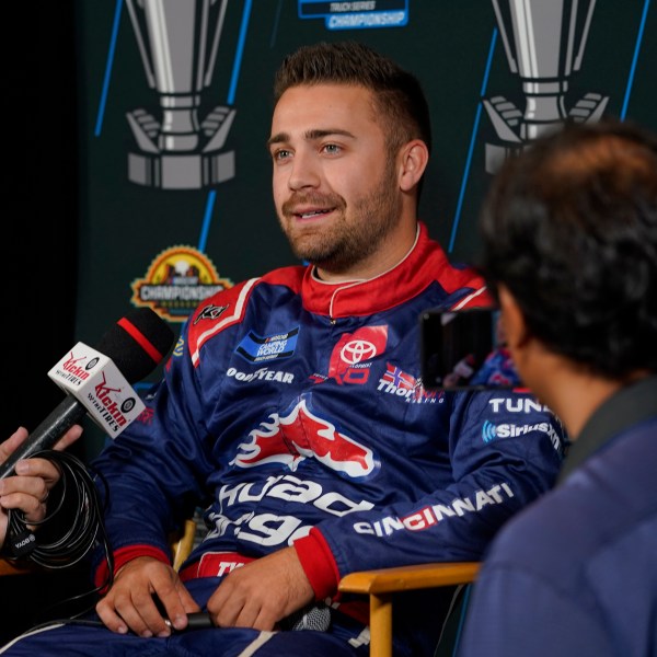 FILE - NASCAR Camping World Truck Series auto racing driver Ty Majeski speaks during the Championship media day, Nov. 3, 2022, in Phoenix. (AP Photo/Matt York, File)