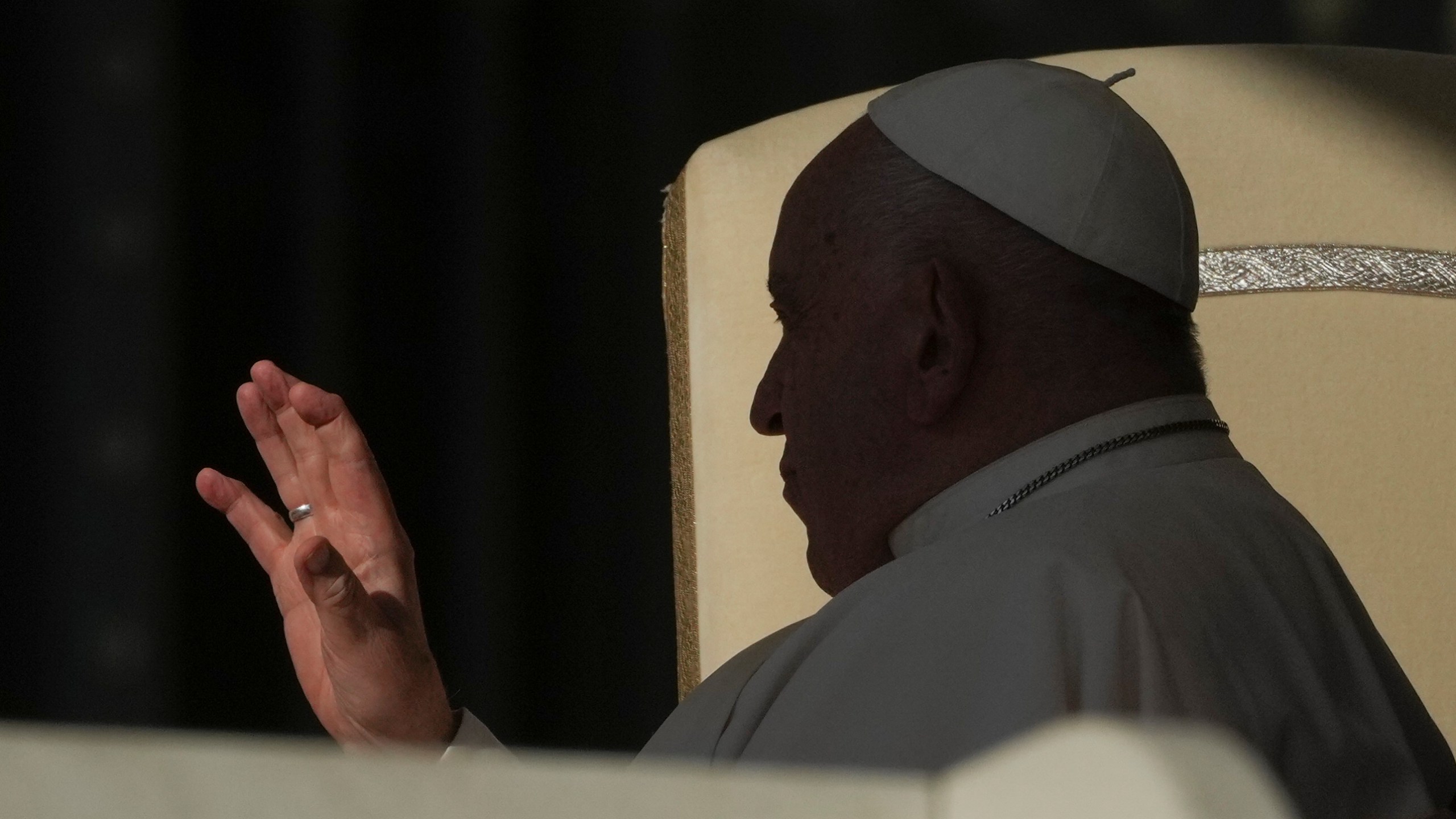 Pope Francis waves to faithful during the weekly general audience in St. Peter's Square, at the Vatican, Wednesday, Nov. 6, 2024. (AP Photo/Alessandra Tarantino)