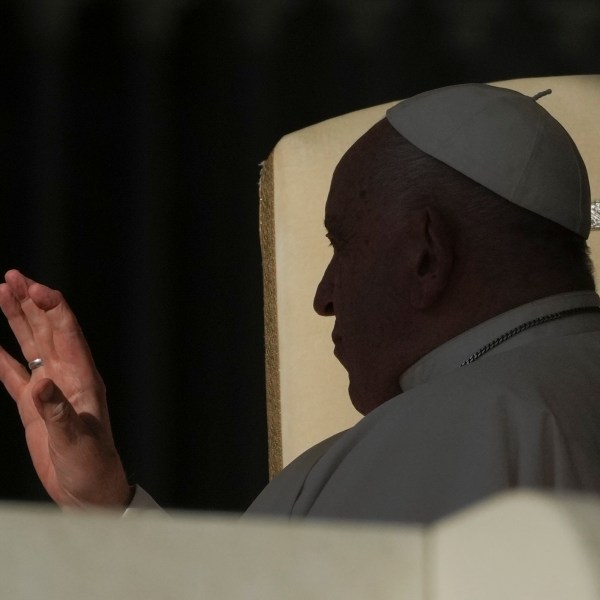 Pope Francis waves to faithful during the weekly general audience in St. Peter's Square, at the Vatican, Wednesday, Nov. 6, 2024. (AP Photo/Alessandra Tarantino)