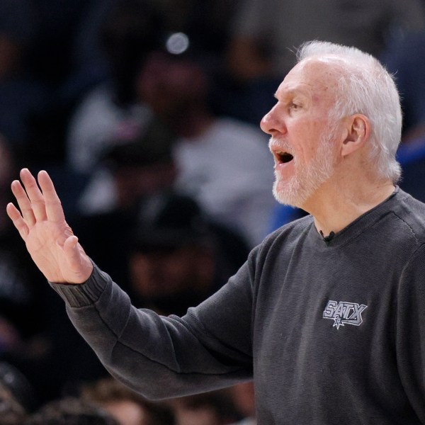 San Antonio Spurs coach Gregg Popovich gives instructions to his players during the second half of an NBA basketball game against the Oklahoma City Thunder, Wednesday, Oct. 30, 2024, in Oklahoma City. (AP Photo/Nate Billings)