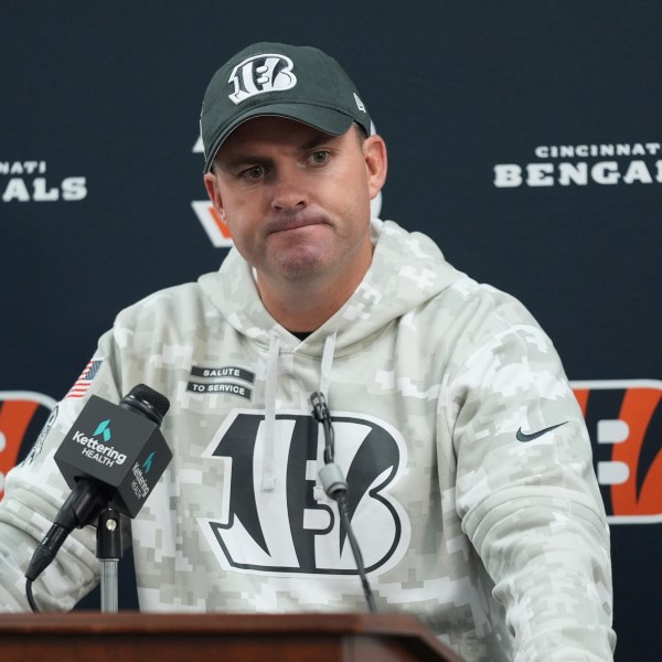 Cincinnati Bengals head coach Zac Taylor pauses as he speaks after an NFL football game against the Baltimore Ravens, Thursday, Nov. 7, 2024, in Baltimore. The Ravens won 35-34. (AP Photo/Stephanie Scarbrough)