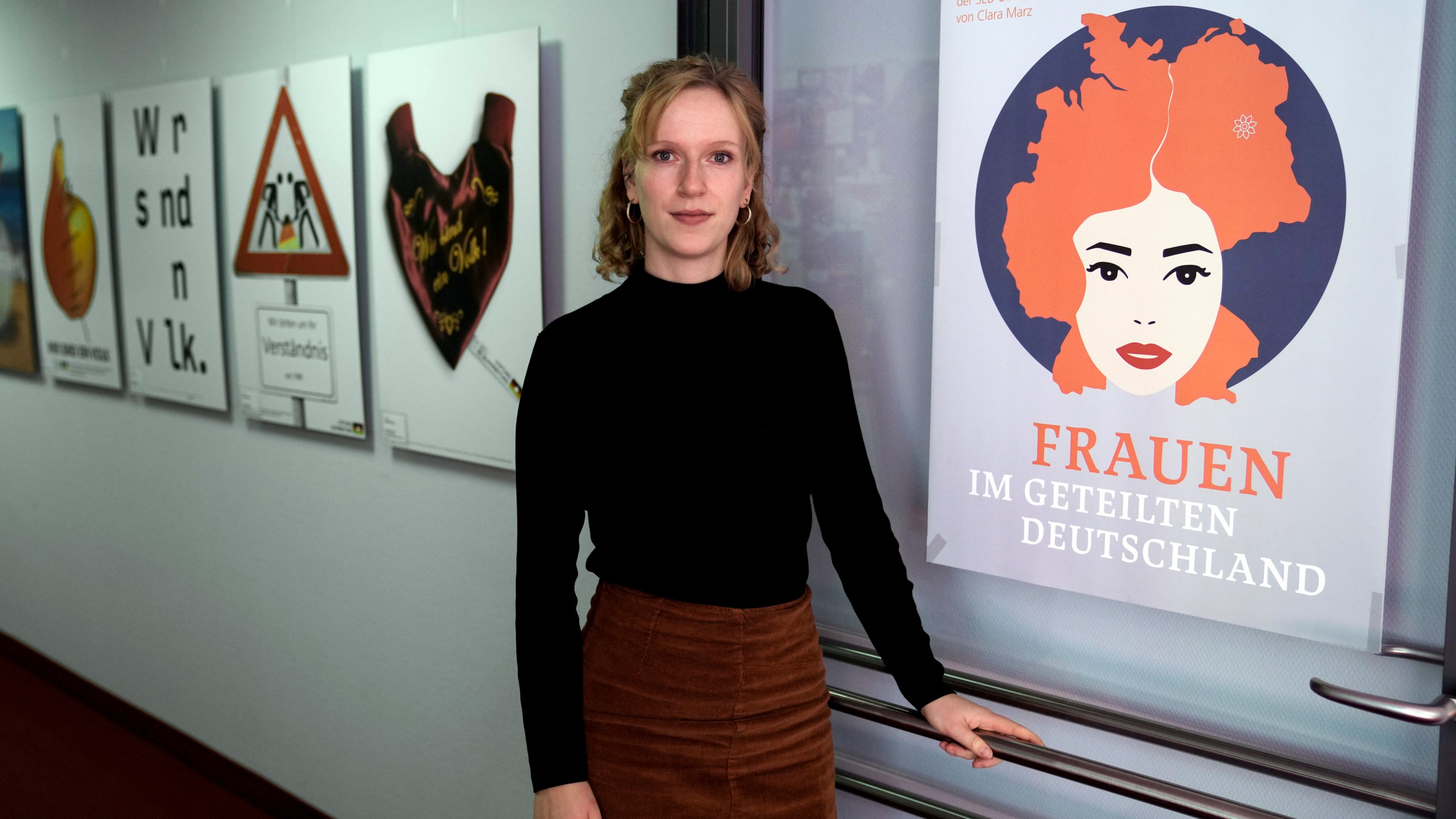 Clara Marz an Organizer of an exhibition about women attends an interview with the Associated Press in her office in Berlin, Germany, Thursday, Oct. 17, 2024. (AP Photo/Ebrahim Noroozi)