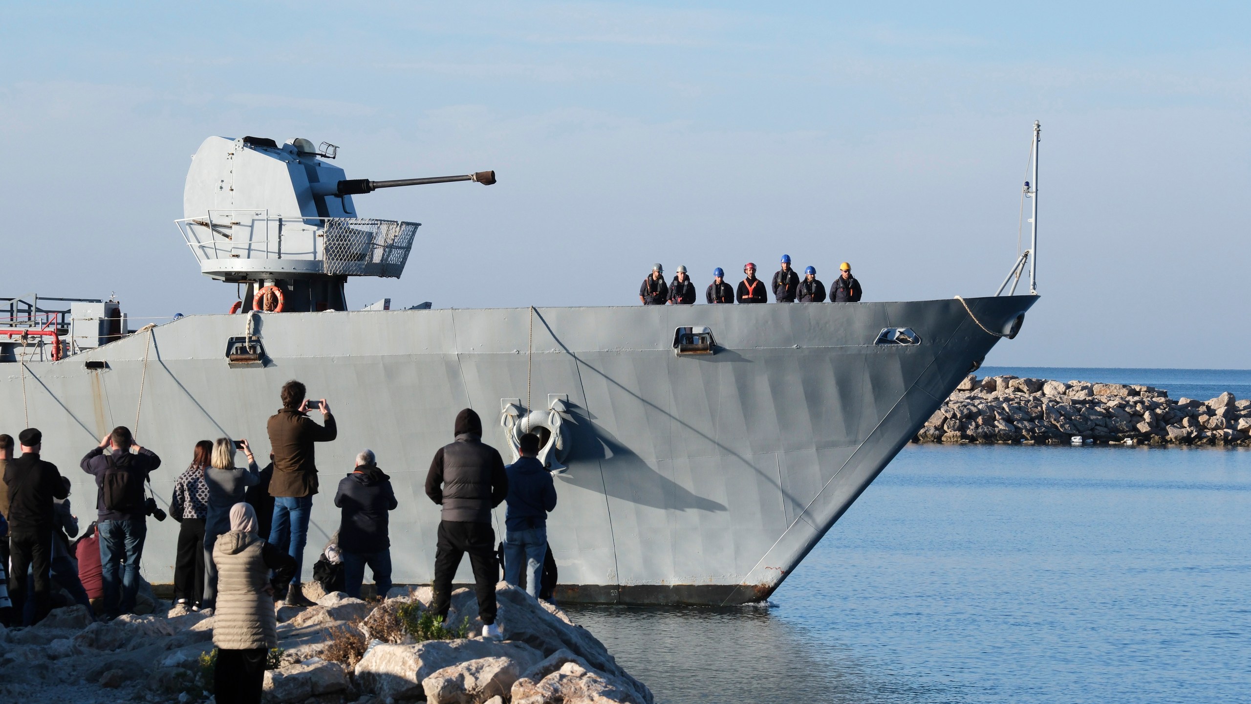 The Italian navy ship Libra arrives at the port of Shengjin, northwestern Albania, Friday, Nov. 8, 2024, with the second group of eight migrants intercepted in international waters to be processed there in a reception facility despite the failure with the first group in October.(AP Photo/Vlasov Sulaj)