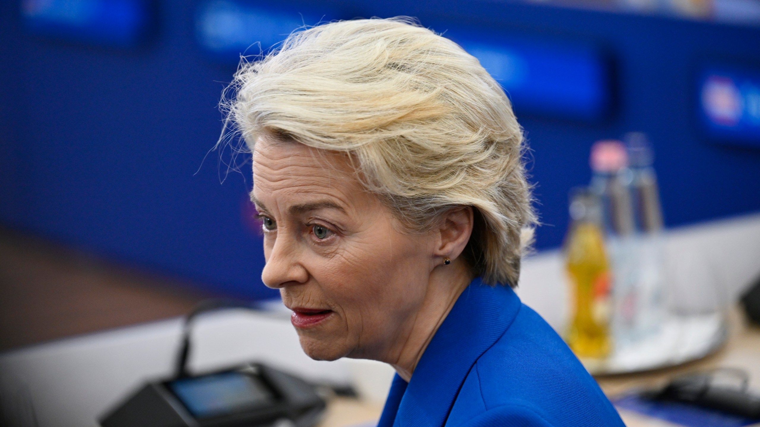 European Commission President Ursula von der Leyen waits for the start of a plenary session during an EU Summit at the Puskas Arena in Budapest, Friday, Nov. 8, 2024. (AP Photo/Denes Erdos)