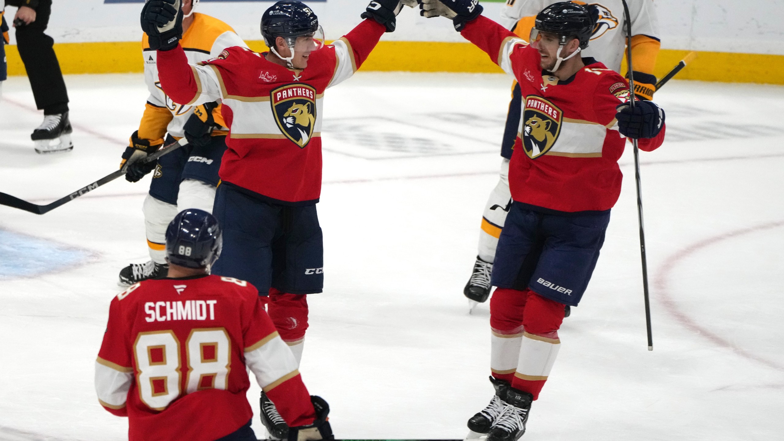 Florida Panthers left wing Tomas Nosek, left, celebrates with left wing A.J. Greer, right, after scoring a goal during the third period of an NHL hockey game against the Nashville Predators, Thursday, Nov. 7, 2024, in Sunrise, Fla. (AP Photo/Lynne Sladky)