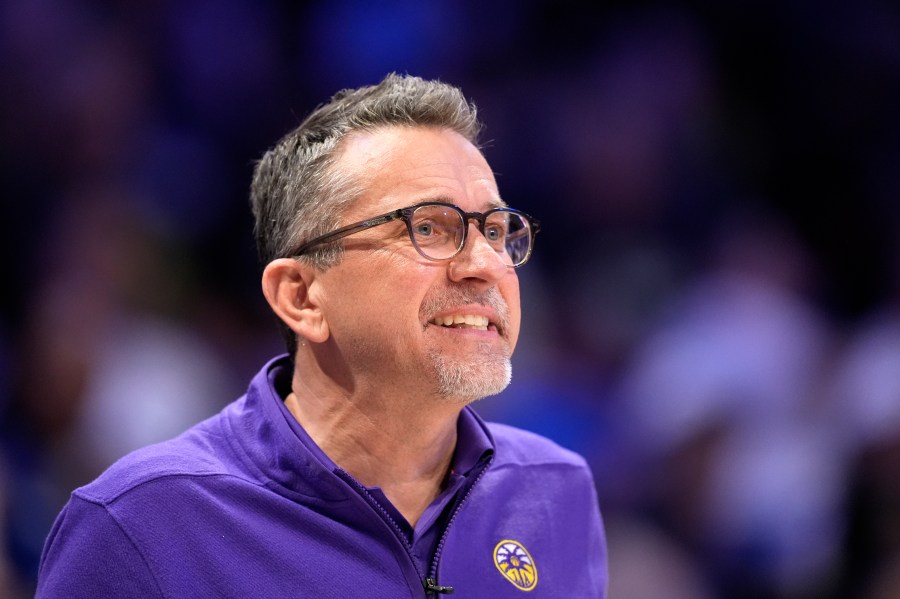 FILE - Los Angeles Sparks head coach Curt Miller instructs his team during a WNBA basketball game against the Dallas Wings in Arlington, Texas, Saturday, July 13, 2024. (AP Photo/Tony Gutierrez)