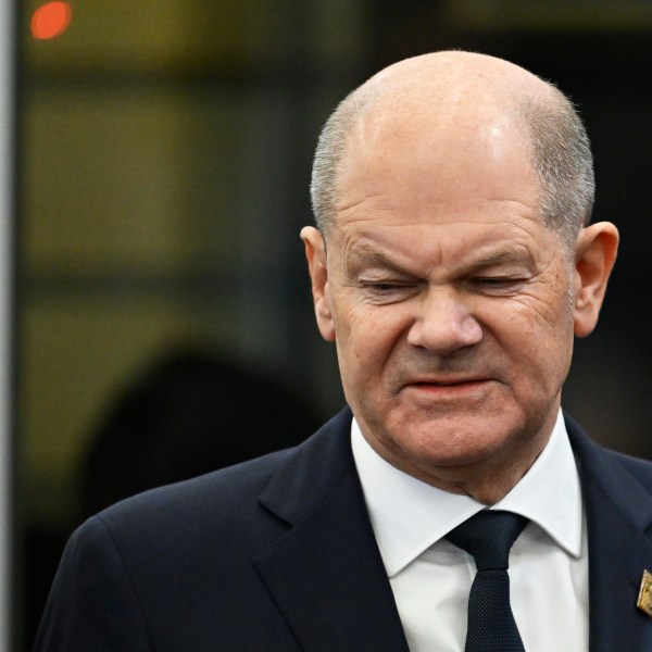 Germany's Chancellor Olaf Scholz arrives for a plenary session during an EU Summit at the Puskas Arena in Budapest, Friday, Nov. 8, 2024. (AP Photo/Denes Erdos)