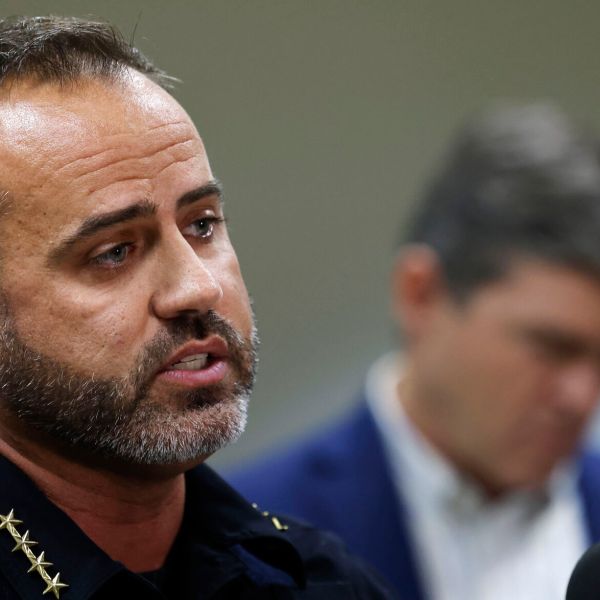 Kenosha Police Chief Patrick Patton, left, speaks as KUSD Superintendent Jeffrey Weiss listens during a news conference at the KUSD Educational Support Center on Thursday, Nov. 7, 2024 in Kenosha, Wis. (Sean Krajacic/The Kenosha News via AP)