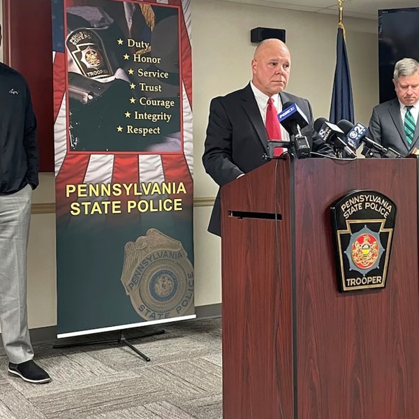 Pennsylvania State Police Lt. Col. George Bivens holds a press conference Friday, Nov. 8, 2024, to discusses three people who were shot and killed in two Pennsylvania counties. (Zahriah Balentine/The Patriot-News via AP)