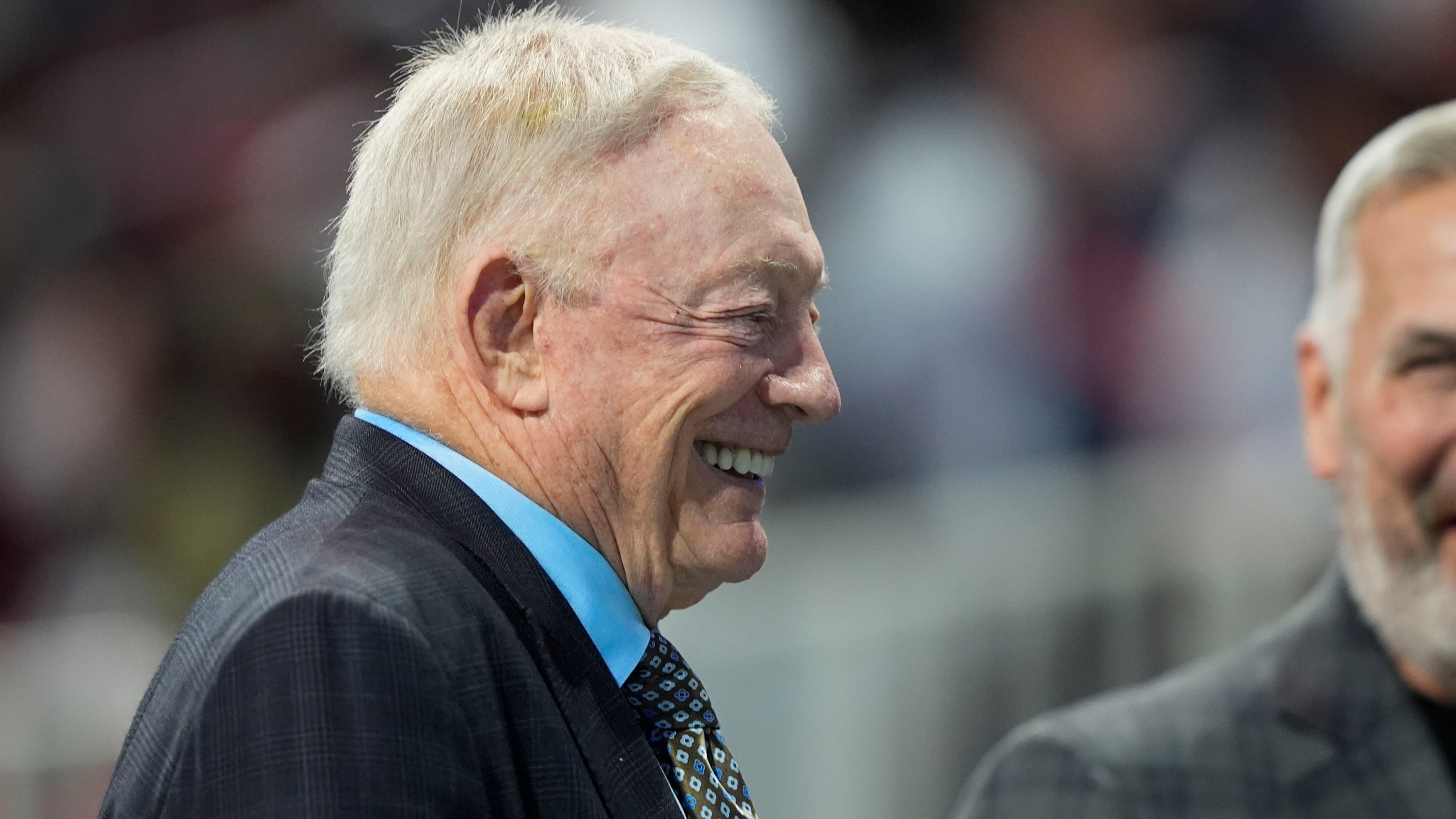 Dallas Cowboys owner Jerry Jones walks on the field before an NFL football game against the Atlanta Falcons, Sunday, Nov. 3, 2024, in Atlanta. (AP Photo/ Brynn Anderson)