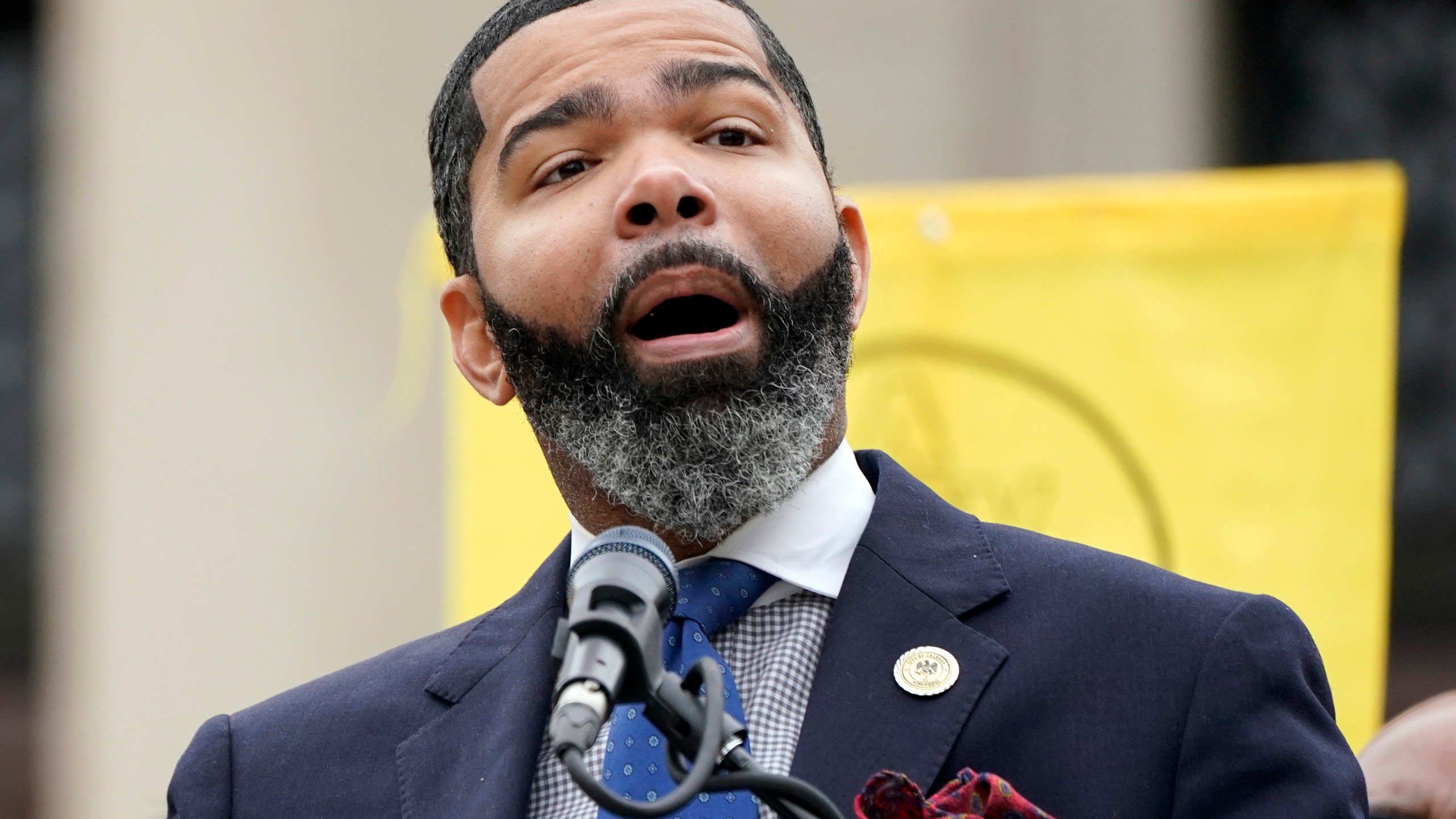 FILE - Jackson Mayor Chokwe Antar Lumumba voices his opposition to Mississippi House Bill 1020, Tuesday, Jan. 31, 2023, during a protest at the Mississippi Capitol in Jackson, Miss. (AP Photo/Rogelio V. Solis, File)