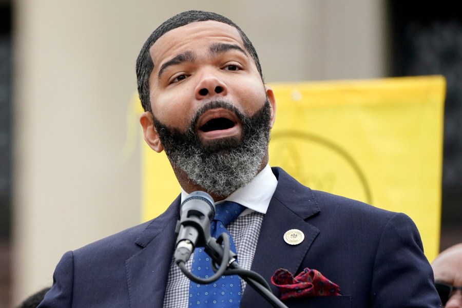 FILE - Jackson Mayor Chokwe Antar Lumumba voices his opposition to Mississippi House Bill 1020, Tuesday, Jan. 31, 2023, during a protest at the Mississippi Capitol in Jackson, Miss. (AP Photo/Rogelio V. Solis, File)