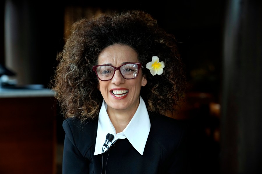 Masih Alinejad, 48, a prominent Iranian American human rights activist attends an interview with the Associated Press in Berlin, Germany, Saturday, Nov. 9, 2024. (AP Photo/Ebrahim Noroozi)