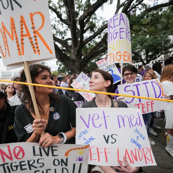 Haley Betz, Lauren Hausey and Camille Evans, veterinary technicians, protest the use of plans to use a live tiger as a mascot in the stadium, before an NCAA college football game between LSU and Alabama in Baton Rouge, La., Saturday, Nov. 9, 2024. (AP Photo/Gerald Herbert)